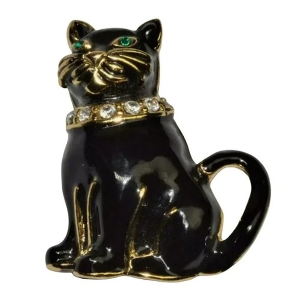 Vintage Monet Black Gold Green Eyes Cat Art Deco Pin Brooch Excellent - Picture 2 of 4
